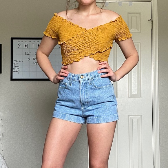 Blue Blush Tops - Gold mustard crisscross stretch ruffle crop top